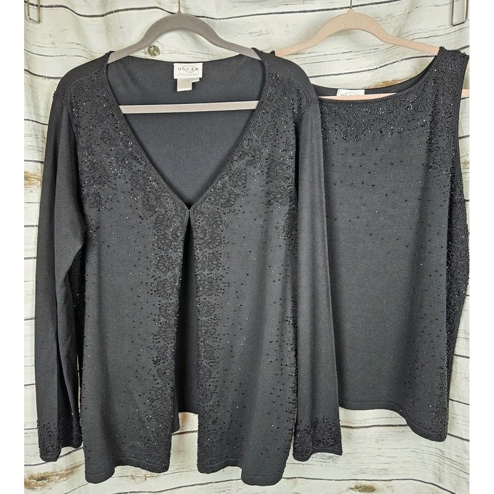Vintage Oscar De La Renta Black Sweater Cardigan Tank Set Beaded 2X Silk Holiday